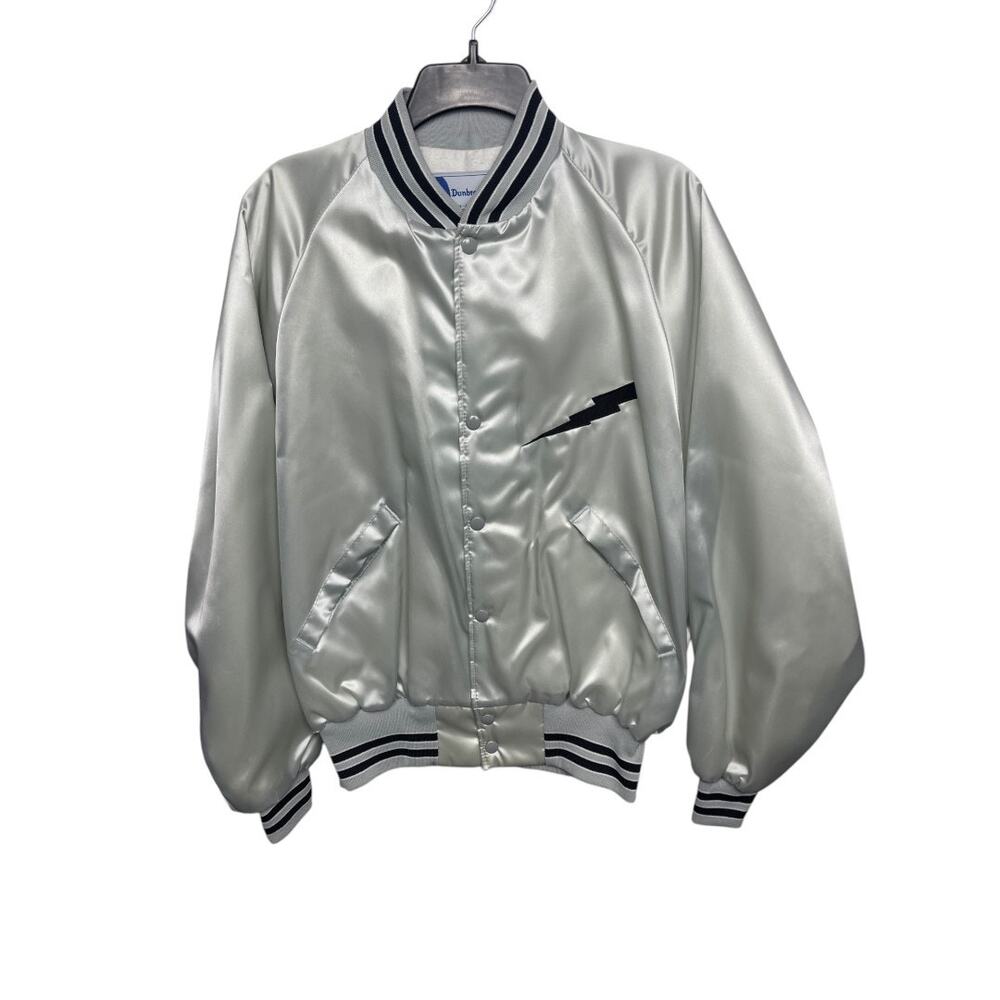 Vintage Dunbrooke Pla-Jac Silver Satin Bomber Jacket Lg Lightning Bolt USA Made